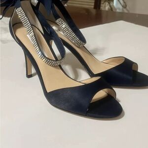 Nina Blue Satin Bow & Rhinestone Dress Pumps, Size 9.5
